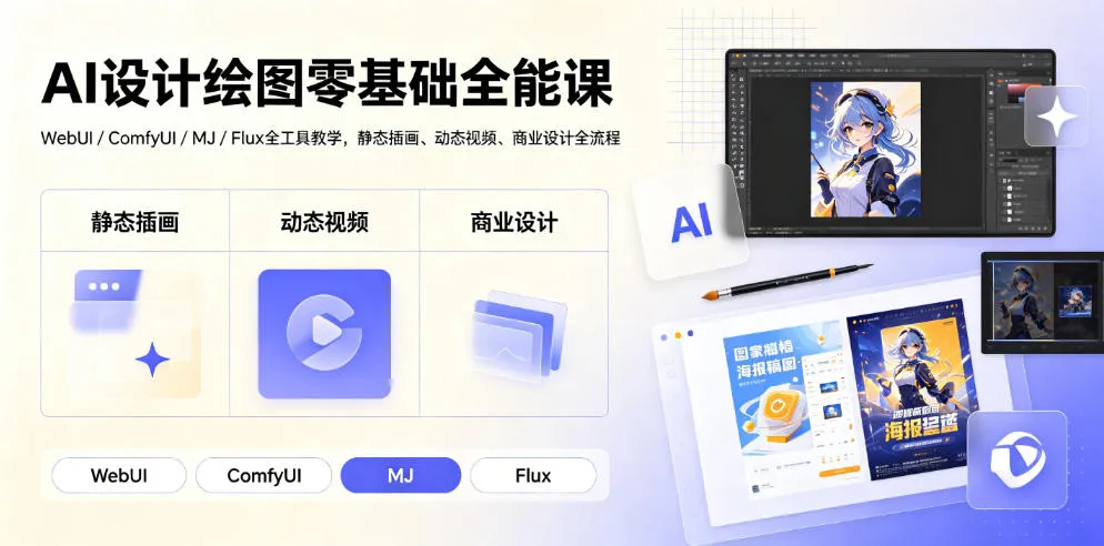 AI设计绘图零基础全能课｜WebUI/ComfyUI/MJ/Flux全工具教学，静态插画、动态视频、商业设计全流程-续财库