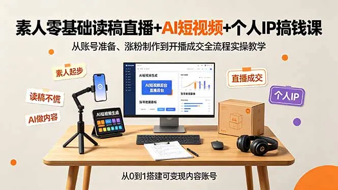 素人零基础读稿直播+AI短视频+个人IP搞钱课,从账号准备、涨粉制作到开播成交全流程实操教学-续财库