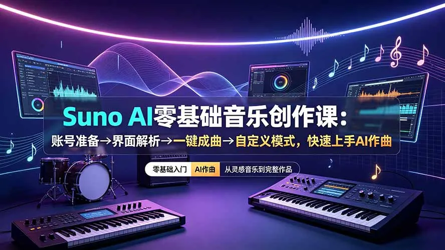 Suno AI零基础音乐创作课：账号准备→界面解析→一键成曲→自定义模式，快速上手AI作曲-续财库