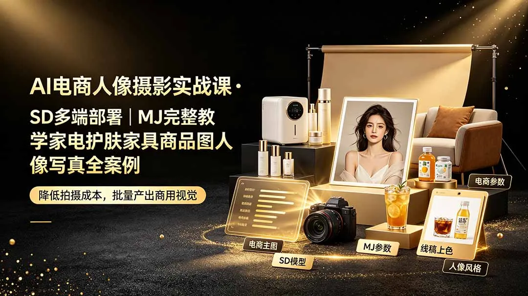 AI电商人像摄影实战课·SD多端部署｜MJ完整教学｜家电护肤家具商品图人像写真全案例-续财库