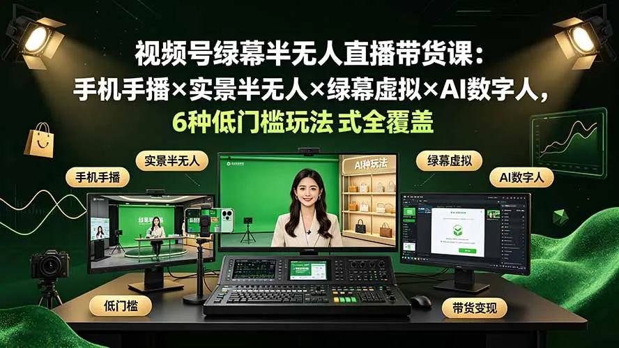 视频号绿幕半无人直播带货课：手机手播×实景半无人×绿幕虚拟×AI数字人，6种低门槛玩法全覆盖-续财库