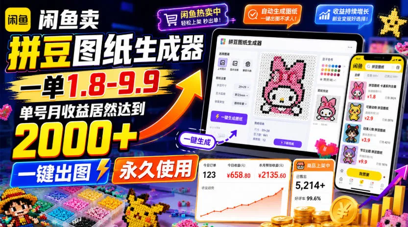闲鱼卖拼豆图纸生成器，一单1.8-9.9，单号月收益居然达到2000+一键出图永久使用-续财库