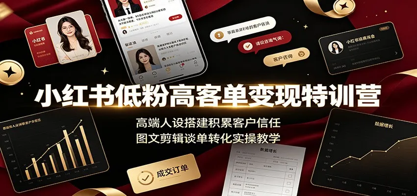 小红书低粉高客单变现特训营：高端人设搭建积累客户信任，图文剪辑谈单转化实操教学-续财库