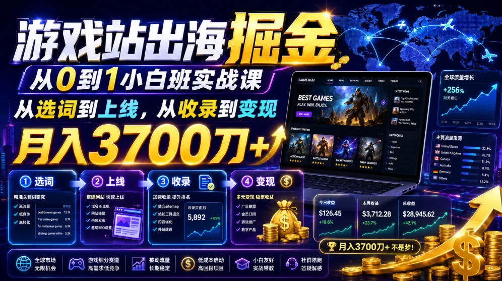 游戏站出海掘金从0到1小白实战课，从选词到上线，从收录到变现，月入3700刀+-续财库