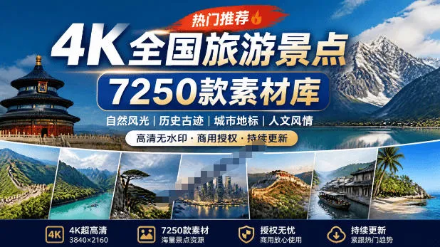 热门全国旅游风景素材!4K全国旅游景点素材库,7250款素材,旅行达人城市航拍风景风光高清短视频-续财库