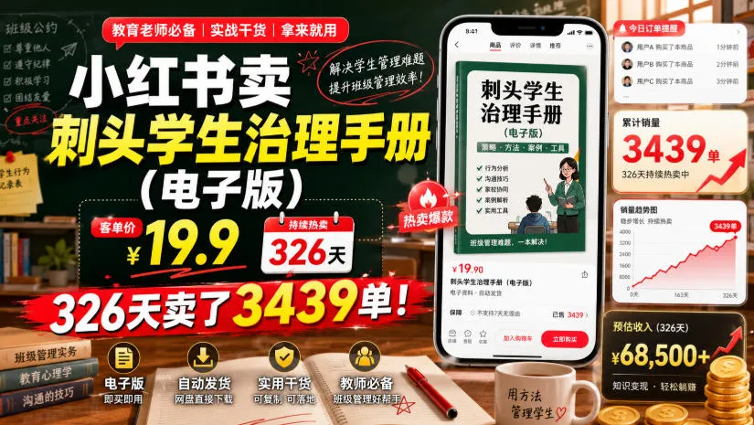 小红书卖刺头学生治理手册(电子版)，客单价19.9，326天卖了3439单！-续财库