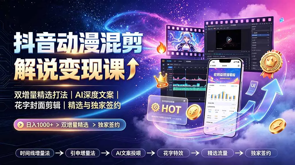 抖音动漫混剪解说变现课:双增量精选打法|AI深度文案|花字封面剪辑| 精选与独家签约日入1000+-续财库
