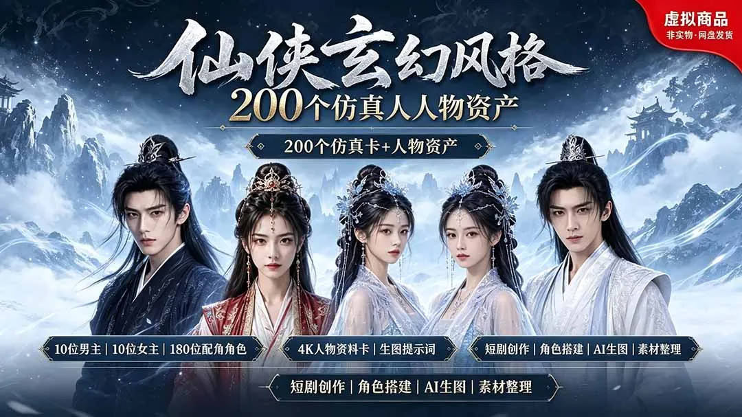 200个仙侠玄幻仿真人素材◆10男主×10女主×180配角，4K资料卡+AI生图提示词，漫剧必备-续财库