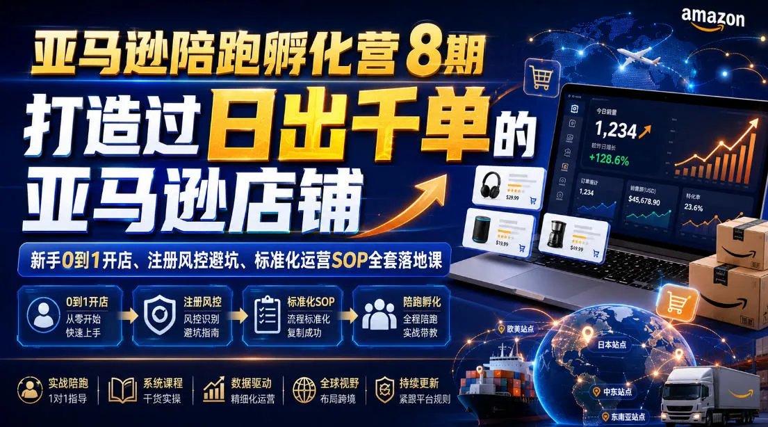 亚马逊陪跑孵化营8期，打造过日出千单的亚马逊店铺，新手0到1开店、注册风控避坑、标准化运营SOP全套落地课-续财库