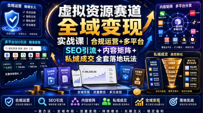 虚拟资源赛道全域变现实战课|合规运营+多平台SEO引流+内容矩阵+私域成交全套落地玩法-续财库
