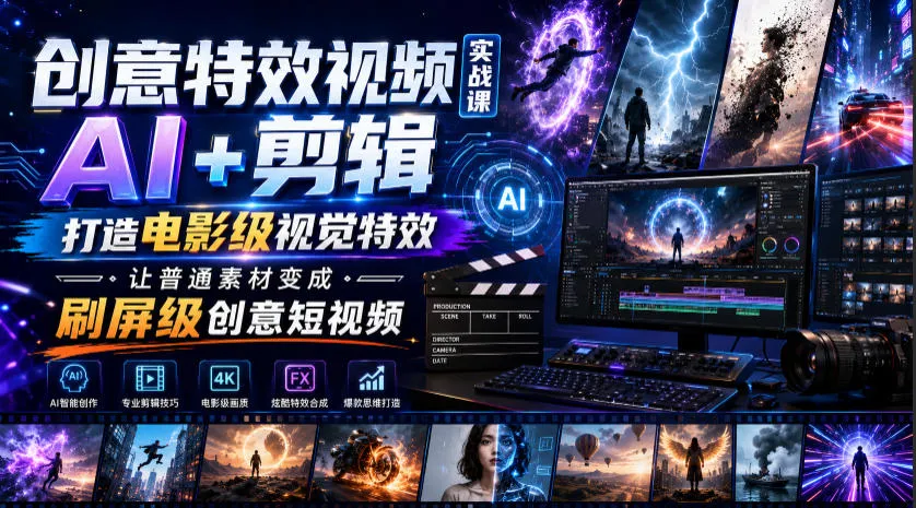 创意特效视频实战课，AI+剪辑打造电影级视觉特效，让普通素材变成刷屏级创意短视频-续财库
