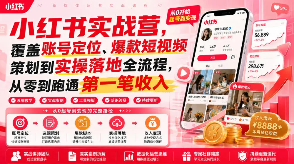 小红书实战营,覆盖账号定位、爆款短视频策划到实操落地全流程,从零到跑通第一笔收入-续财库