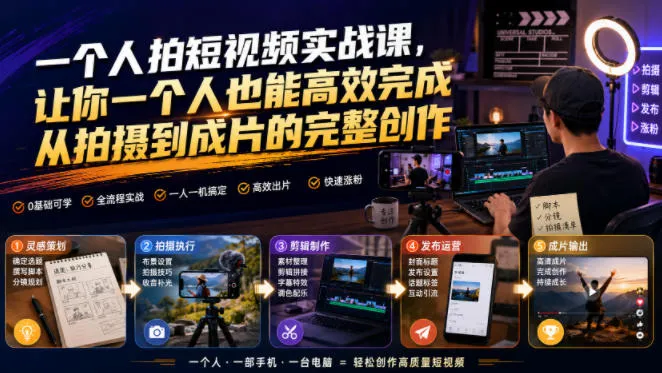 一个人拍短视频实战课，让你一个人也能高效完成从拍摄到成片的完整创作-续财库