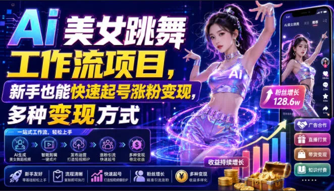 Ai美女跳舞工作流项目，新手也能快速起号涨粉变现，多种变现方式-续财库