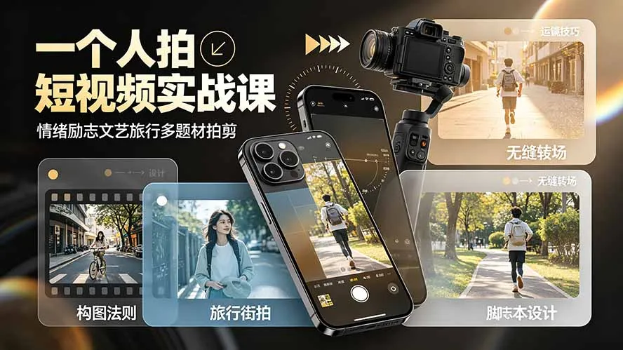 一个人拍短视频实战课：情绪励志文艺旅行多题材×五大景别×黄金构图×八大运镜，从拍摄到成片高效创作-续财库