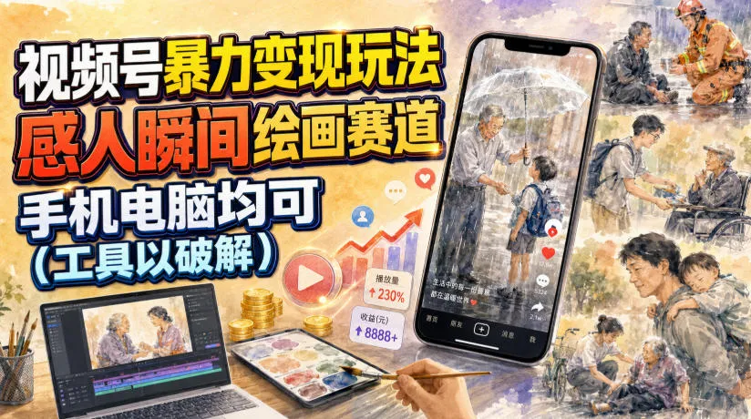 视频号暴力变现玩法，感人瞬间绘画赛道，手机电脑均可-续财库