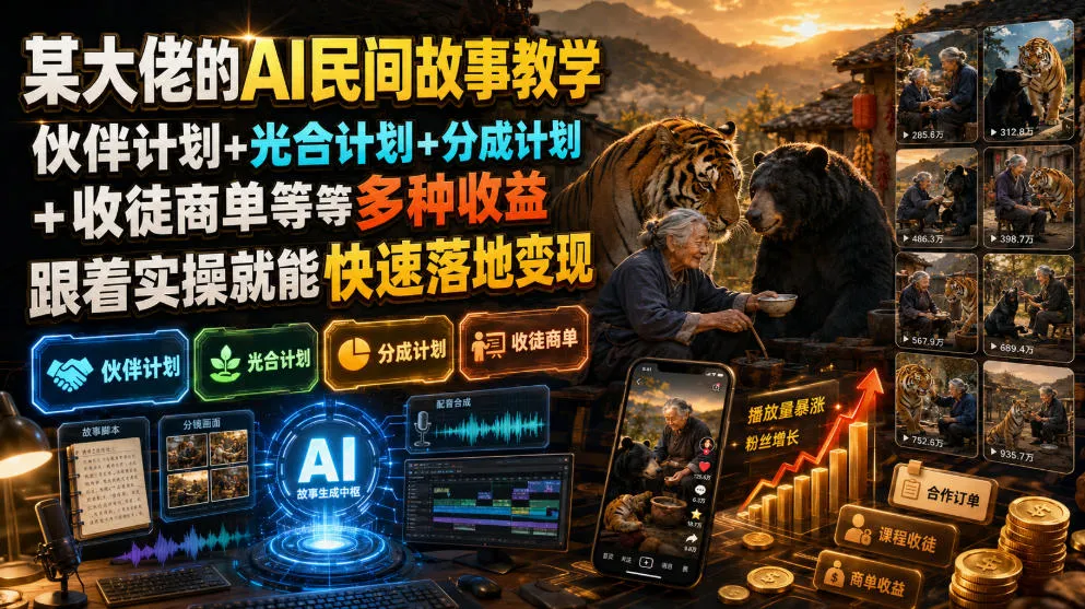 某大佬的AI民间故事教学，伙伴计划+光合计划+分成计划+收徒商单等多种收益，跟着实操就能快速落地变现-续财库