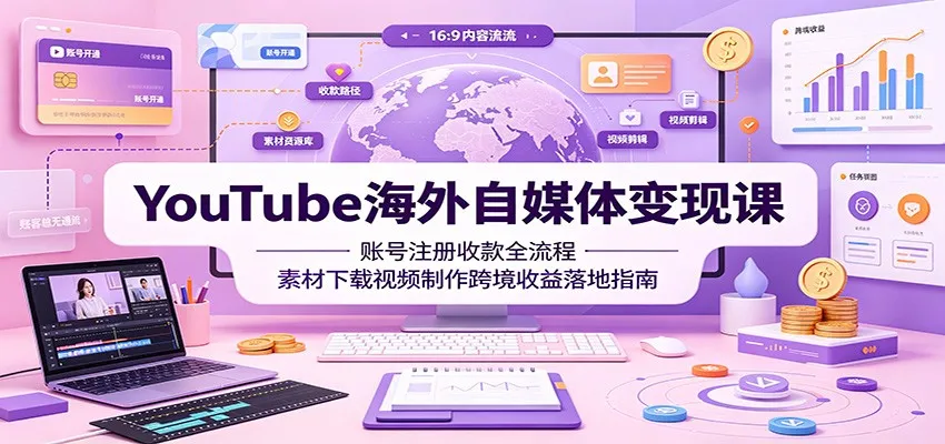 YouTube海外自媒体变现课：账号注册收款全流程，素材下载视频制作跨境收益落地指南-续财库
