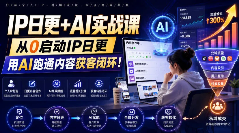 IP日更+AI实战课，从0启动IP日更，IP置顶视频制作+100条选题库搭建+10条日更规划，用AI跑通内容获客闭环!-续财库