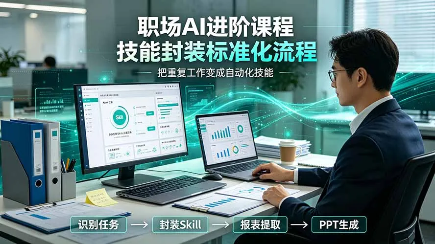 职场AI进阶课程；多类实用Skill工具实操，专属技能封装标准化流程，报表行业报告一键提取核心内容-续财库