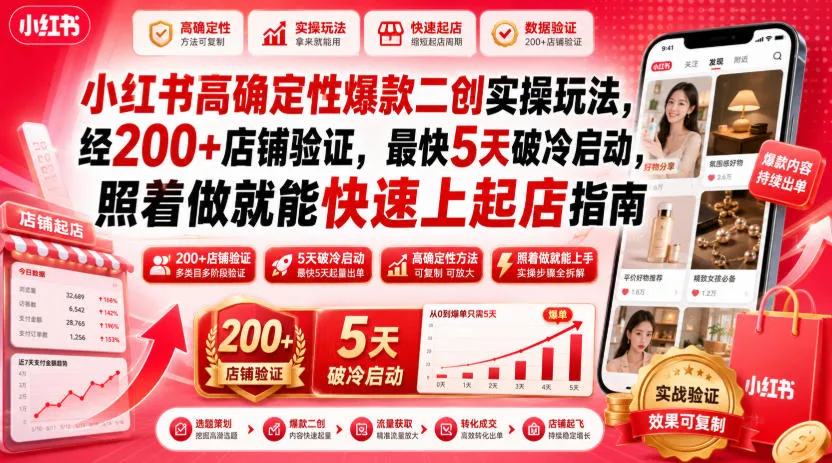 小红书高确定性爆款二创实操玩法，经200+店铺验证，最快5天破冷启动，照着做就能快速上起店指南-续财库