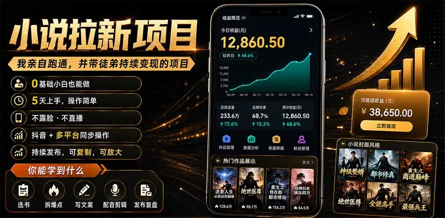 抖音及多平台小说拉新项目：我亲自跑通并持续带徒弟实操｜0基础小白5天上手快速变现-续财库
