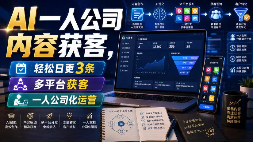 AI一人公司内容获客，轻松日更3条，多平台获客，一人公司化运营-续财库