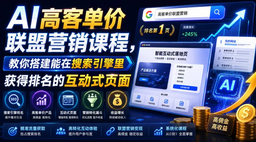 AI高客单价联盟营销课程，教你搭建能在搜索引擎里获得排名的互动式页面，引来流量，把访客转化为高佣金的成交【原创双语字幕】-续财库