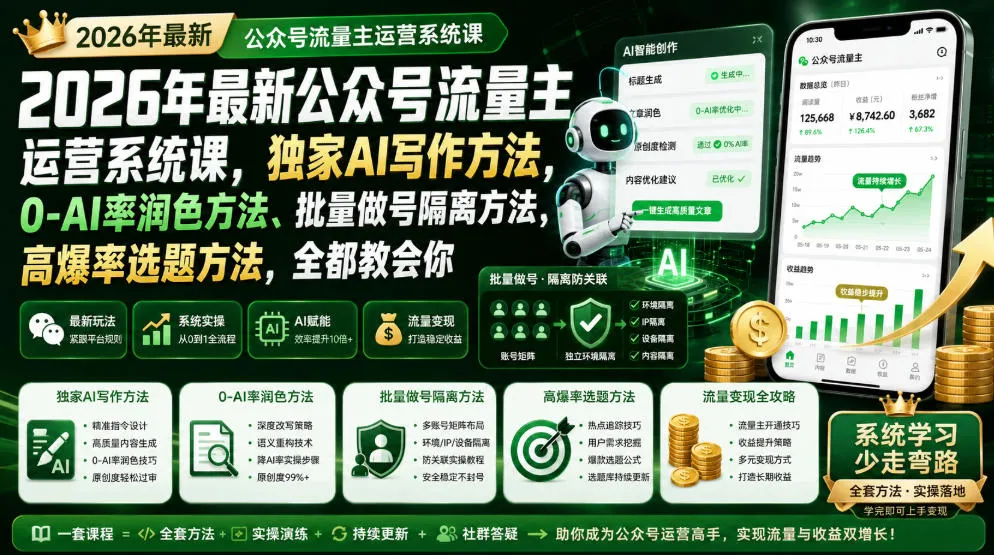 2026年最新公众号流量主运营系统课,独家AI写作方法,0-AI率润色方法、批量做号隔离方法、高爆率选题方法,全都教会你-续财库