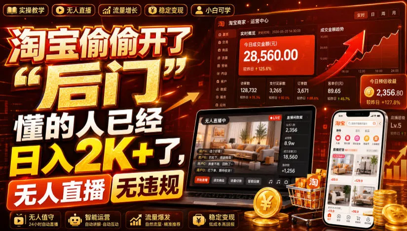 淘宝偷偷开了“后门”，懂的人已经日入2K+了，无人直播无违规，一台电脑=一家24小时营业的线上门店【揭秘】-续财库