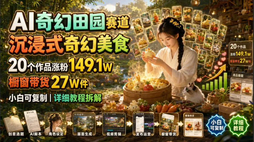 AI奇幻田园赛道，沉浸式奇幻美食，20个作品涨粉149.1W，橱窗带货27W件，小白可复制，详细教程拆解-续财库