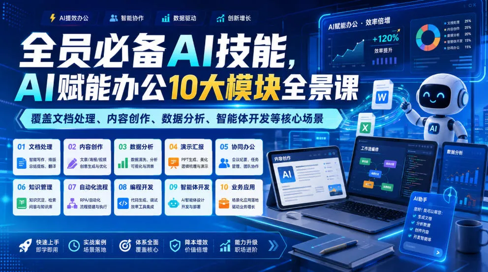 全员必备AI技能，AI赋能办公10大模块全景课，覆盖文档处理、内容创作、数据分析、智能体开发等核心场景-续财库