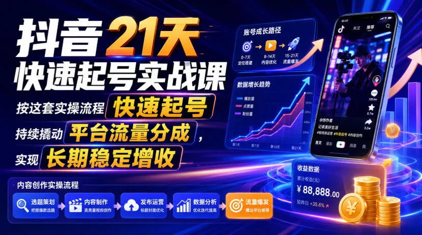 抖音21天快速起号实战课，按这套实操流程快速起号，持续撬动平台流量分成，实现长期稳定增收-续财库