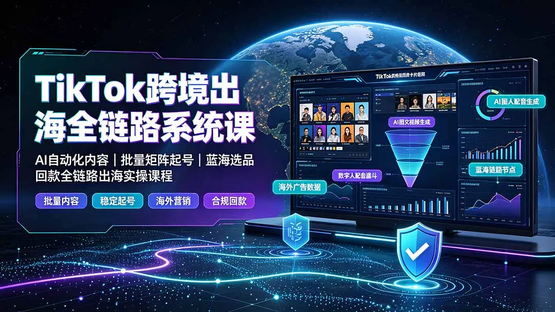 TikTok跨境出海全链路系统课-2026年7月：AI自动化内容｜批量矩阵起号｜蓝海选品回款全链路出海实操课程-续财库