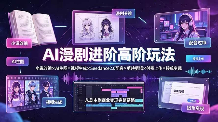 AI漫剧进阶高阶玩法:小说改编×AI生图×视频生成×Seedance2.0配音×剪映剪辑×付费上传×接单变现-续财库