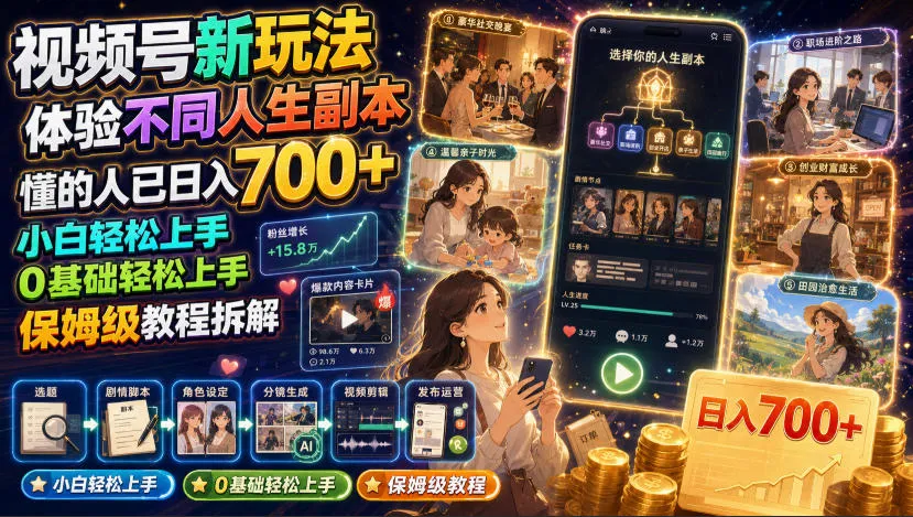 视频号新玩法体验不同人生副本，懂的人已日入700+，小白轻松上手，0基础轻松上手，保姆级教程拆解-续财库