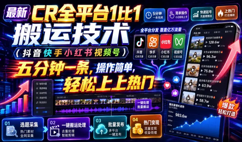 最新CR全平台1比1搬运技术(抖音快手小红书视频号)五分钟分钟一条，操作简单，轻松上热门(教程+软件+参数)-续财库