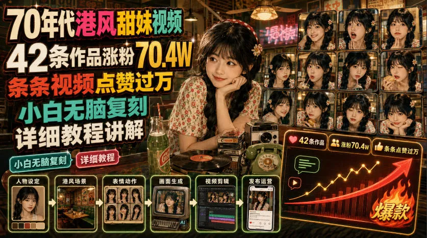 70年代港风甜妹视频，42条作品涨粉70.4W，条条视频点赞过万，小白无脑复刻，详细教程讲解-续财库