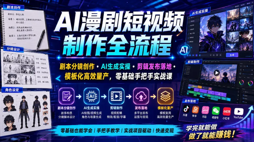 AI漫剧短视频制作全流程｜剧本分镜创作・AI生成实操・剪辑发布落地・模板化高效量产，零基础手把手实战课-续财库