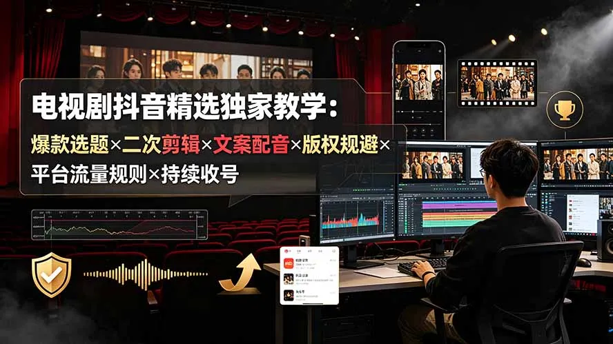 电视剧抖音精选独家教学：爆款选题×二次剪辑×文案配音×版权规避×平台流量规则×持续收益账号-续财库