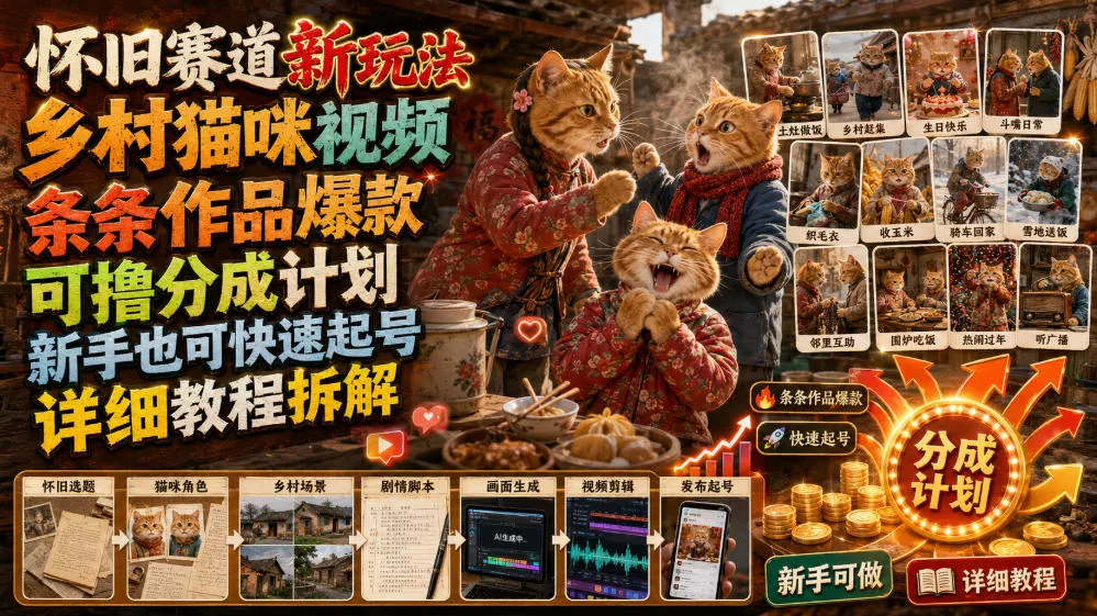 怀旧赛道新玩法，乡村猫咪视频，条条作品爆款，可撸分成计划，新手也可快速起号，详细教程拆解-续财库