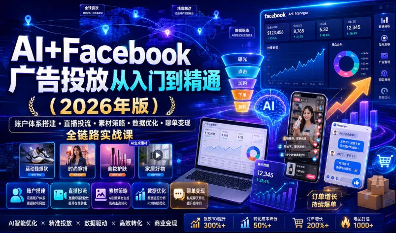 AI+Facebook广告投放从入门到精通(2026年版)｜账户体系搭建・直播投流・素材策略・数据优化・聊单变现全链路实战课-续财库