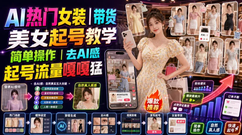 AI热门女装带货丨美女起号教学，简单操作，去AI感，起号流量嘎嘎猛-续财库