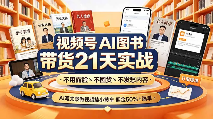 视频号AI图书带货21天实战：不用露脸×不囤货×不发愁内容，AI写文案做视频挂小黄车，佣金50%+爆单-续财库