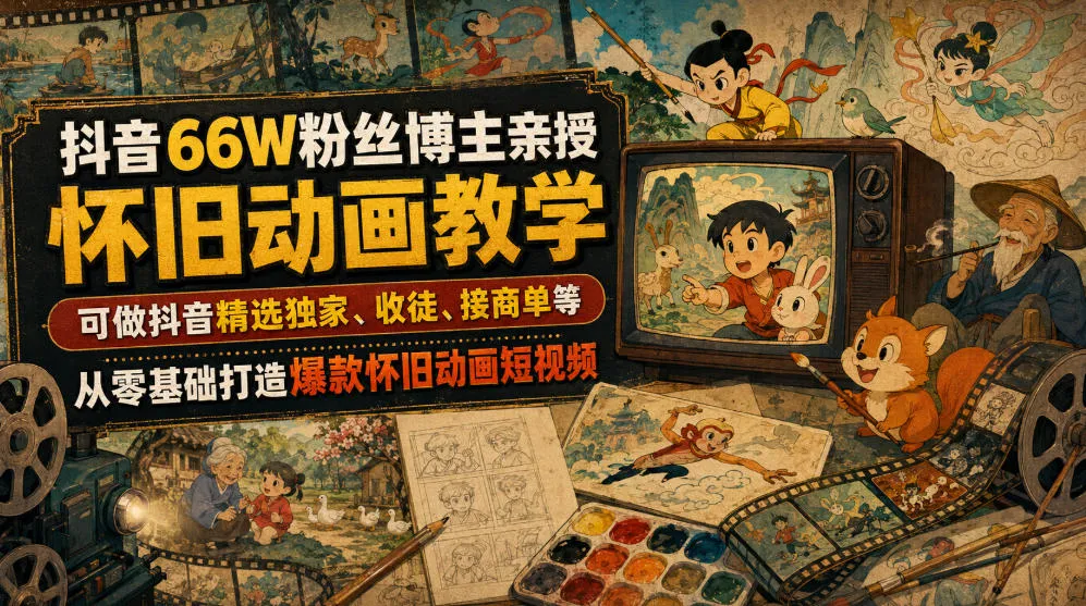抖音66W粉丝博主亲授怀旧动画教学，可做抖音精选独家、收徒、接商单等，从零基础打造爆款怀旧动画短视频-续财库