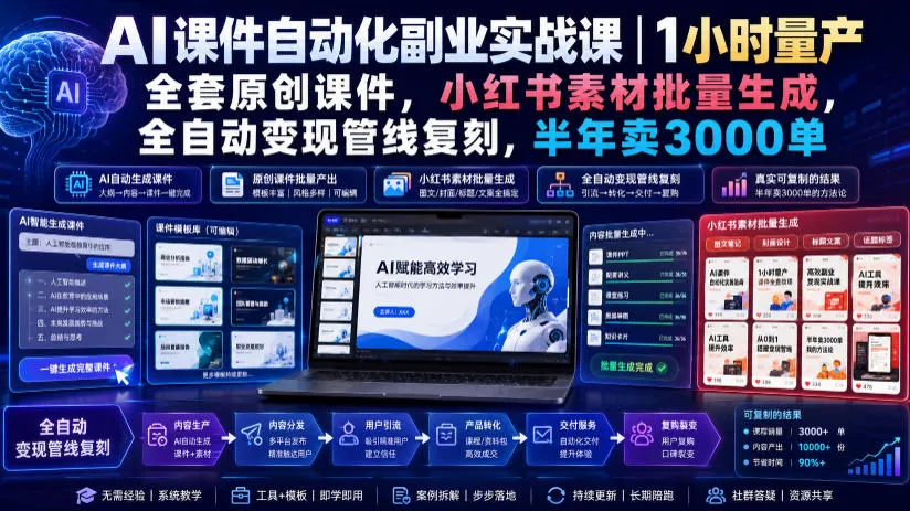 AI课件自动化副业实战课｜1小时量产全套原创课件，小红书素材批量生成，全自动变现管线复刻，半年卖3000单-续财库
