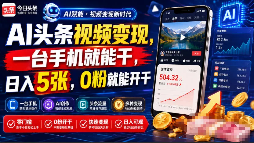 AI头条视频变现，一台手机就能干，日入5张，0粉就能开干-续财库