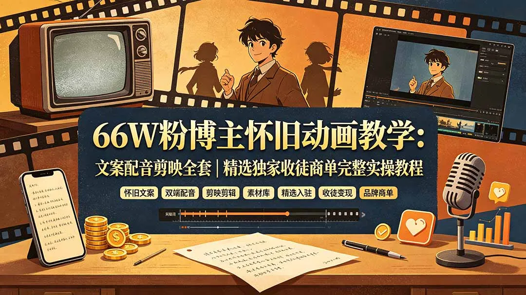 66W粉博主怀旧动画教学：文案配音剪映全套｜精选独家收徒商单完整实操教程-续财库