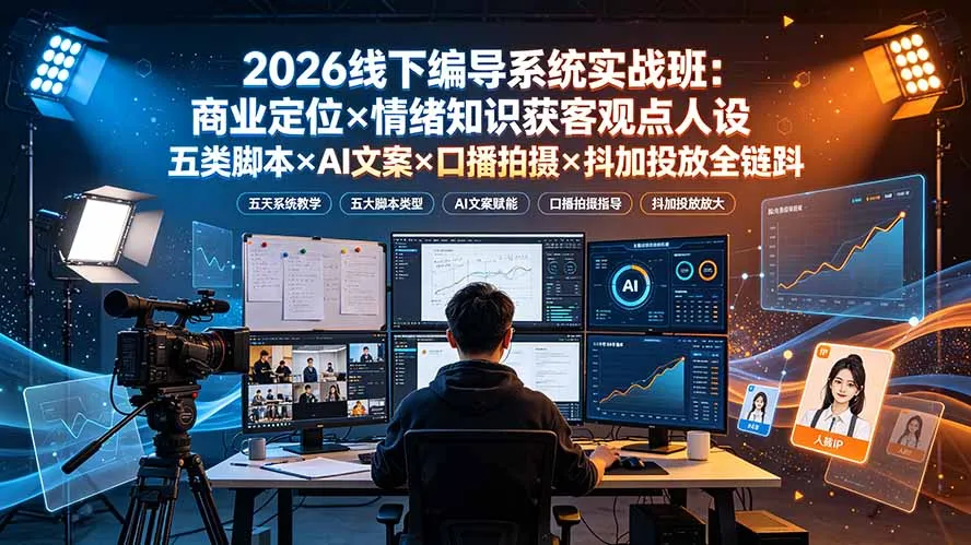 2026线下编导系统实战班：商业定位×情绪知识获客观点人设五类脚本×AI文案×口播拍摄×抖加投放全链路-续财库