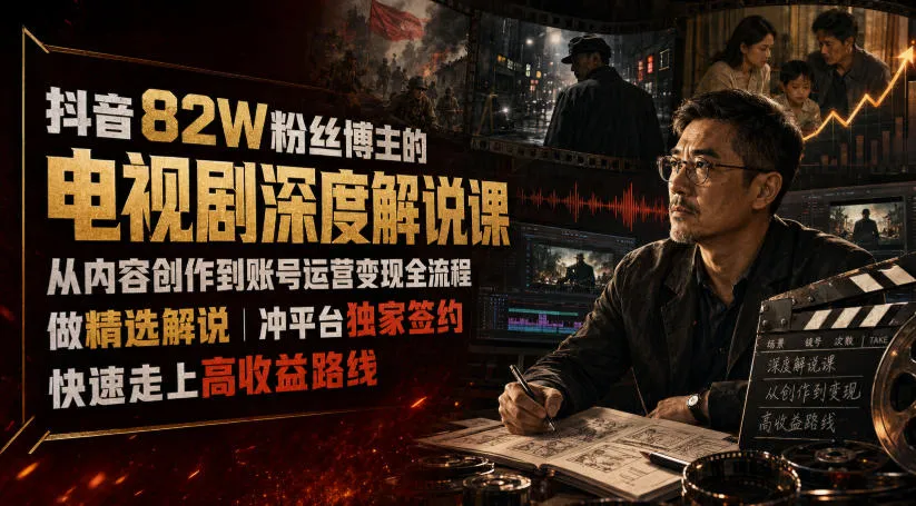 抖音82W粉丝博主的电视剧深度解说课，从内容创作到账号运营变现全流程，做精选解说，冲平台独家签约，快速走上高收益路线-续财库